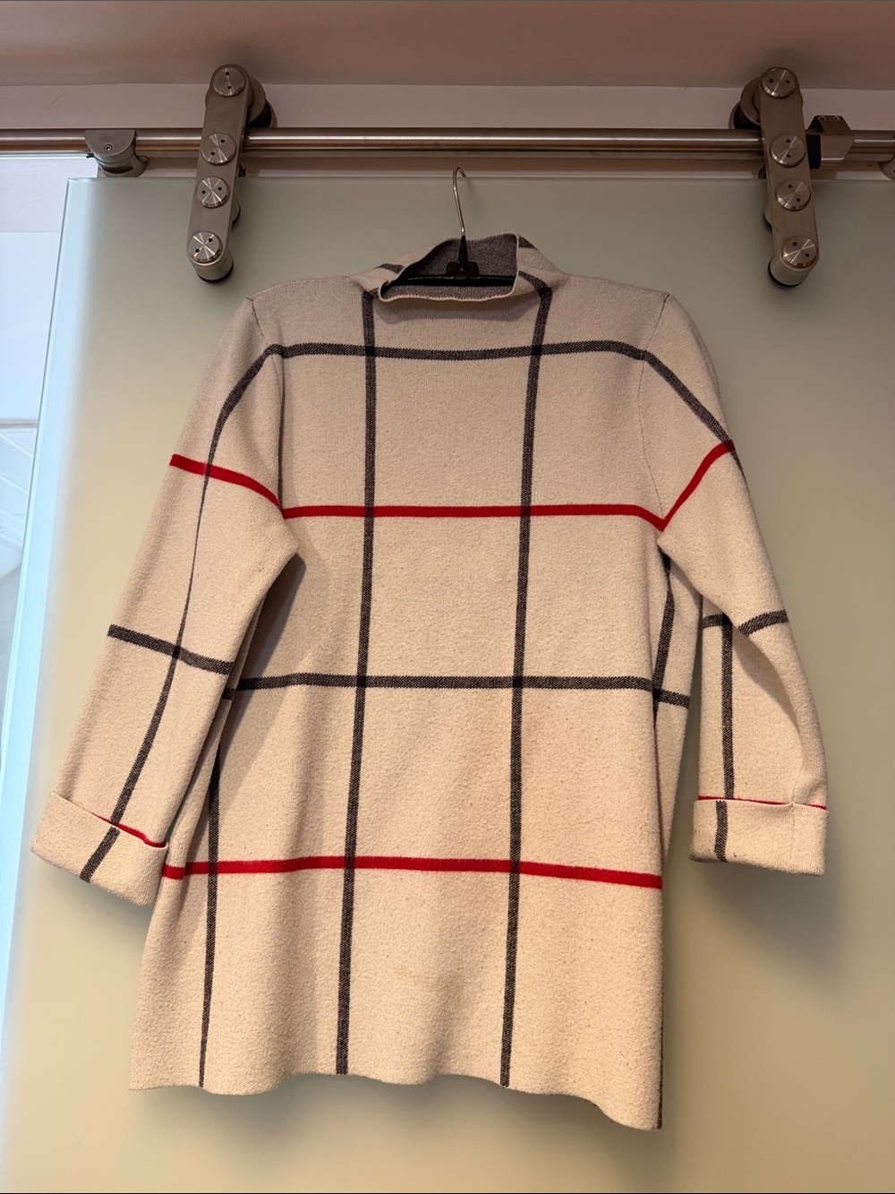 Tahari Cream Mock-Neck Sweater with Black & Red Windowpane